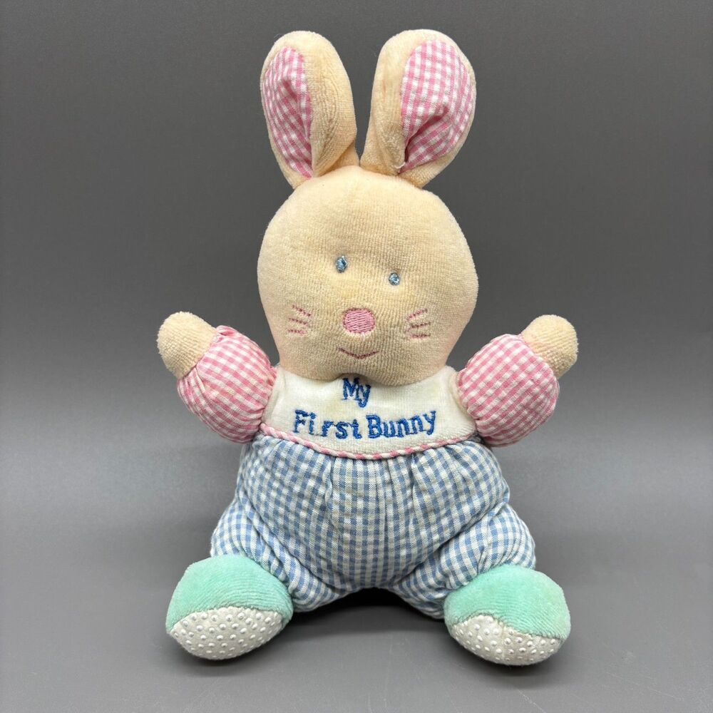 Vintage Carters Prestige My First Bunny Plush Rabbit Baby Rattle Seersucker 90s